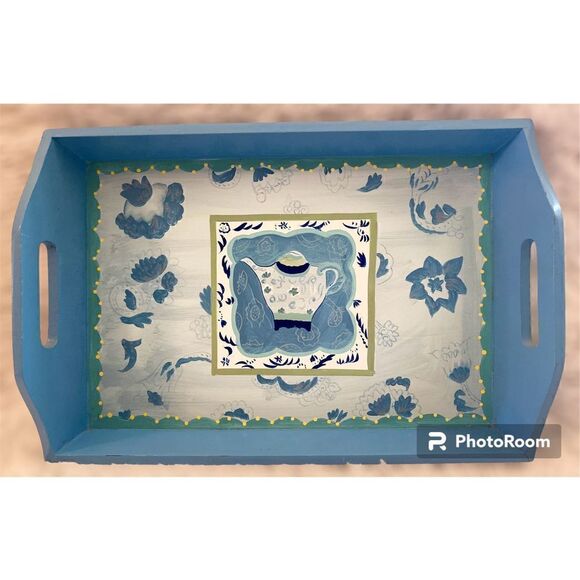 Vintage Hand Painted Wooden 10”X15” Blue Teacup Serving Tray - Picture 1 of 11